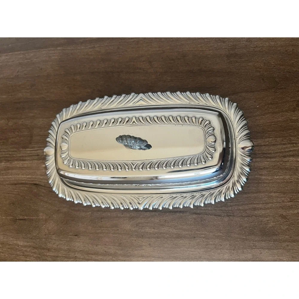 Vintage Chrome Butter Dish with Domed Lid and Ornate Feathered Edge